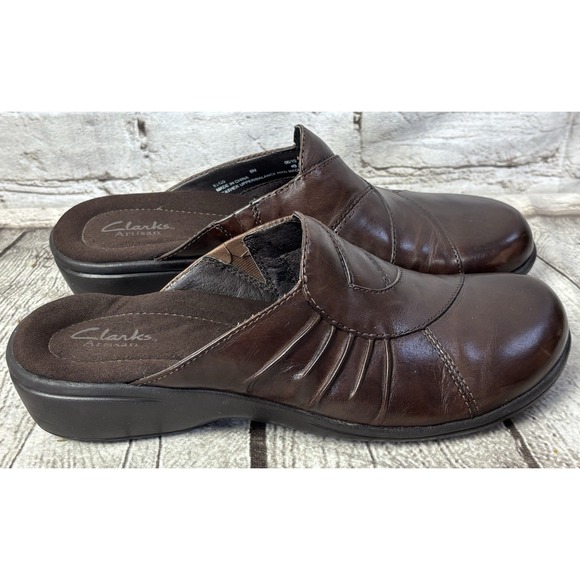 Clarks Artisan Good Year Womens Size 8 Brown Wedge Mules Shoes Slip On Excellent - Picture 3 of 7